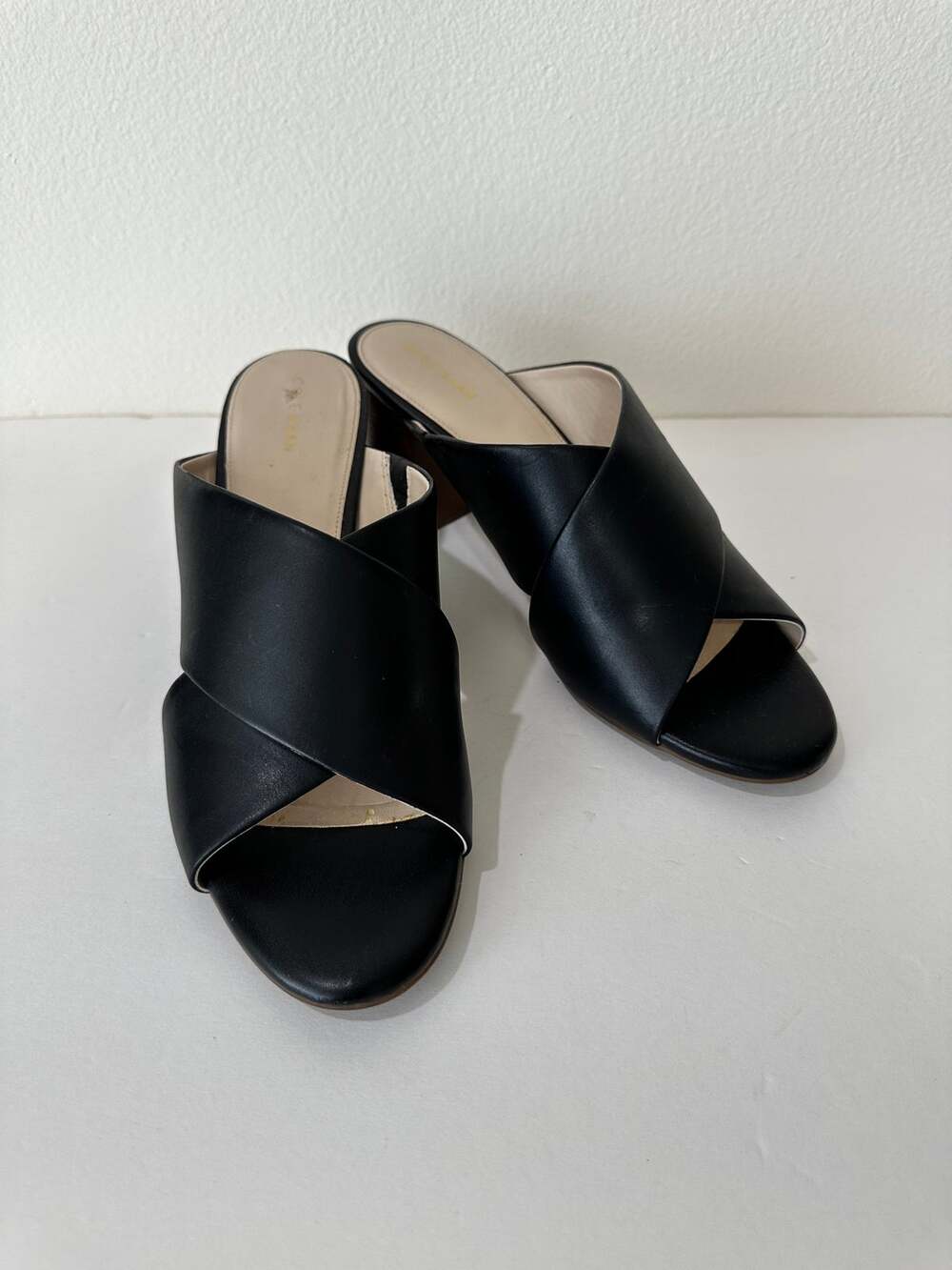 Cole Haan Womens Black Criss Cross Leather Block Heel Mule Sandals 11B